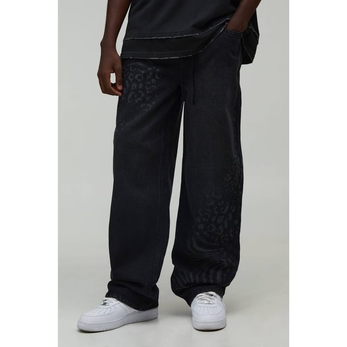 Relaxed Fit Jeans Met Gemengde Dierenprint | Washed Black | Size 30R