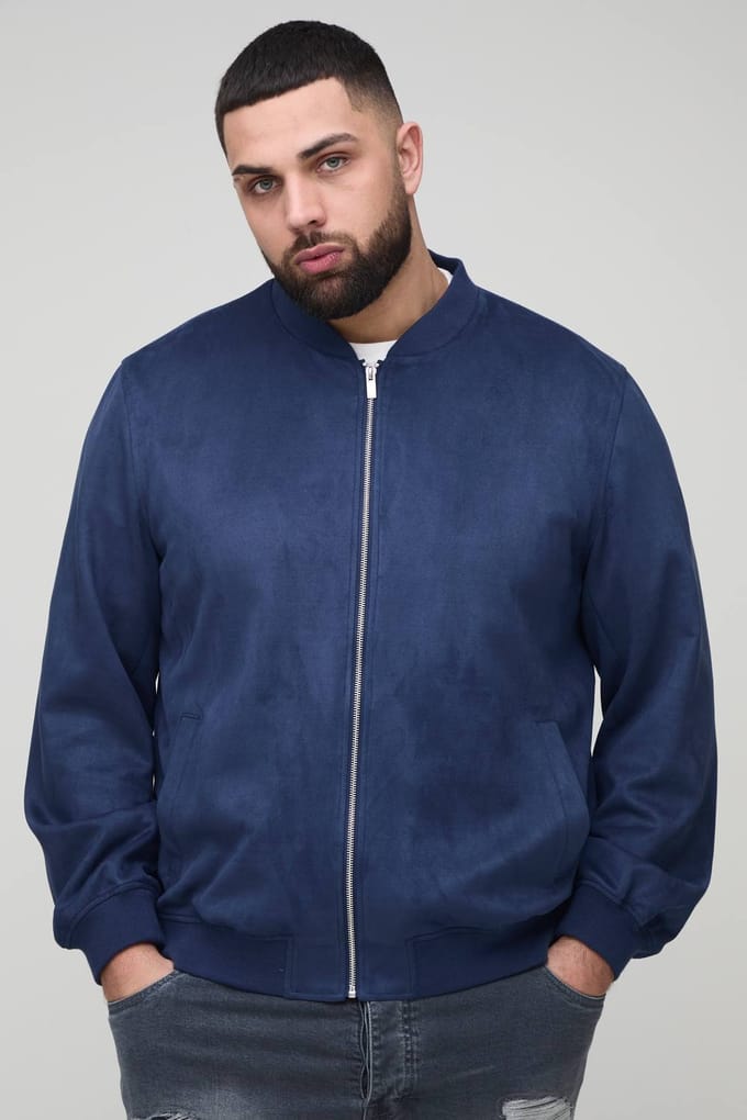 Plus Faux Suede Regular Fit Bomber Jacket | Navy | Size 2XL