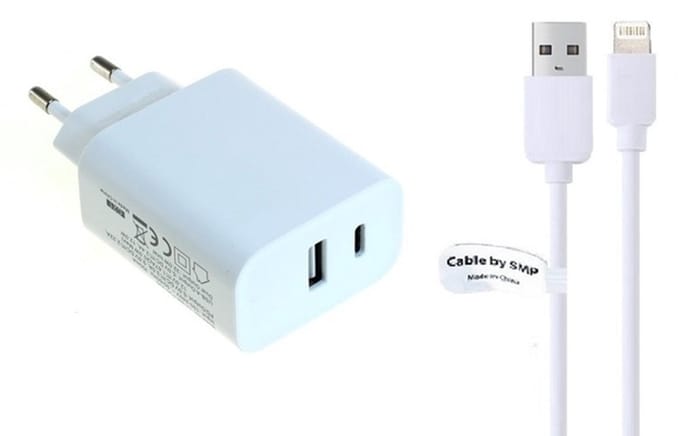 OneOne 20W Lader met USB A en C poort + 0,5m OneOne USB A naar Lightning kabel. USB C voor snelladen. Oplader adapter past op Apple iPhone 5, iPhone 5c, iPhone 5s, iPhone 6, 6 Plus, 6s, iPhone 7, 7 Plus, iPhone 8, 8 Plus, iPhone SE, iPhone X