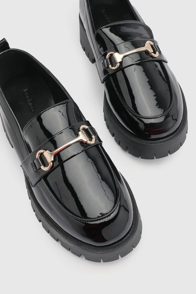 boohoo Dames Gelakte Chunky T-bar Loafers | Black | Maat: 3