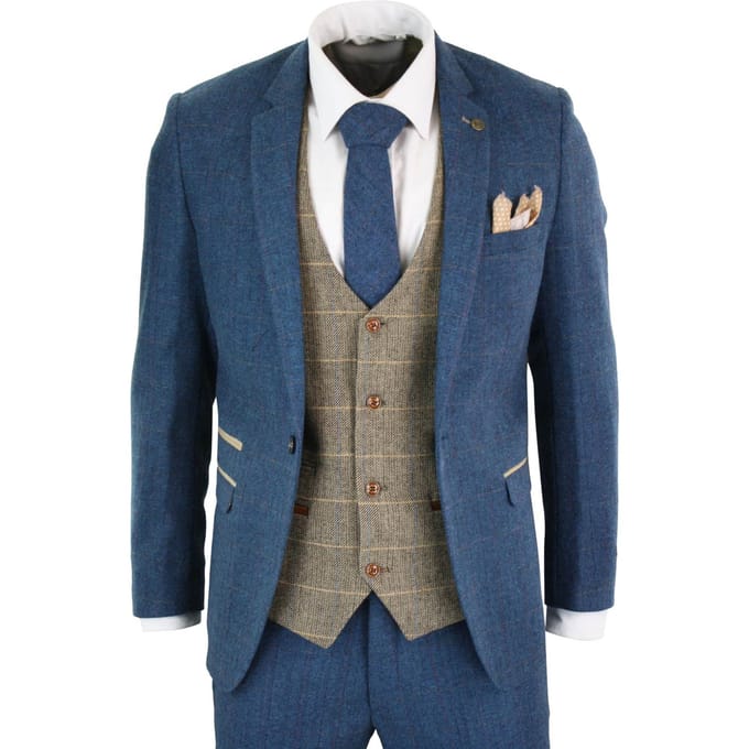 Heren 3-delig blauw Tweed Vintage pak