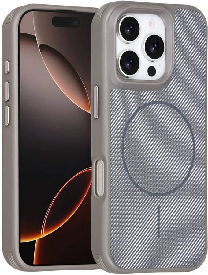TUNIQ Back cover voor iPhone 16 Pro - MagSafe - Carbon Fiber - Antishock - Grijs