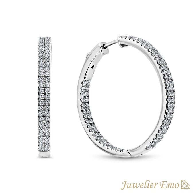 Juwelier Emo - Oorringen Zilver - Dubbele rij Zirkonia stenen – Diameter 45 MM