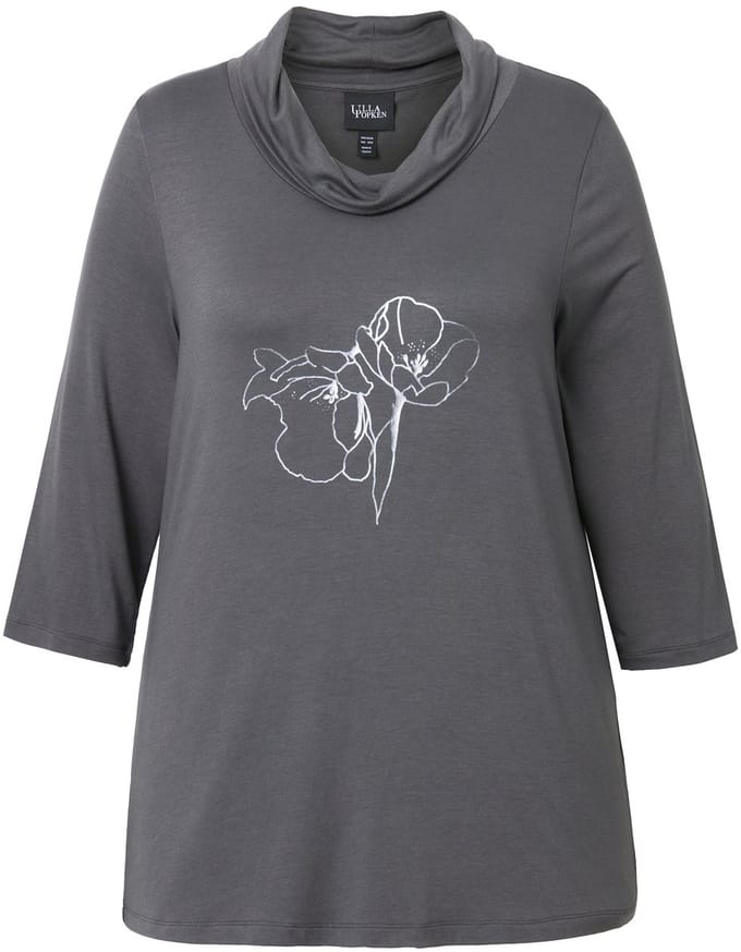 Ulla Popken - Dames - Shirt metallic print watervalhals 3/4-mouwen - Asfalt - Maat 46+