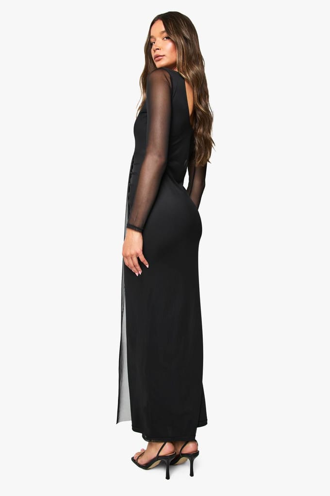 boohoo Dames Mesh Drape Detail Maxi-jurk | Black | Maat: 8