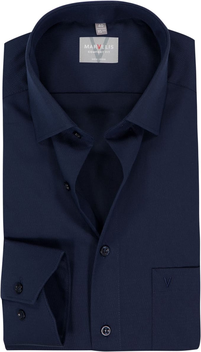 MARVELIS comfort fit overhemd - structuur - donkerblauw - Strijkvrij - Boordmaat: 41 (EU maat: L)