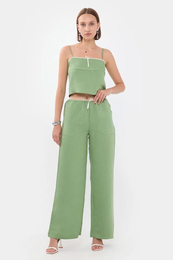 Gestreepte Hoge Taille Rechte Pijpen Pyjama Onderdeel met Een Ceintuurdetail