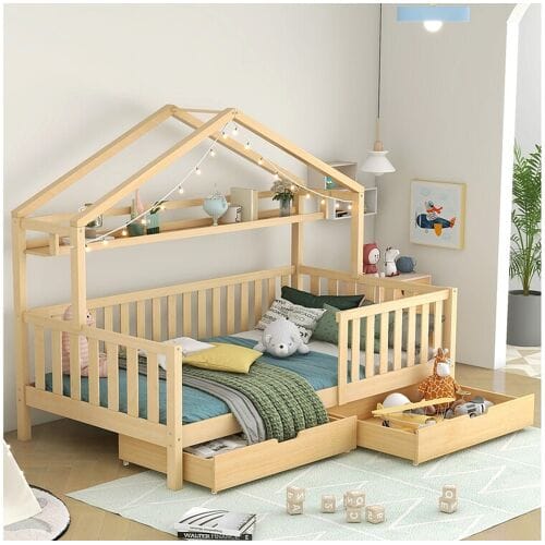 Merax Kinderbed - 90 x 200 cm - met 2 lades + lattenbodem - hout - naturel