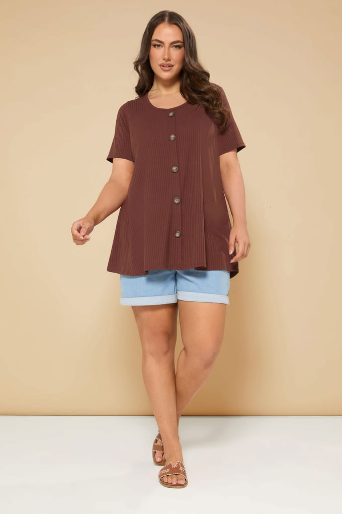 Yours Geribbeld Tshirt Met Knoopsluiting In Roestoranje Size 48