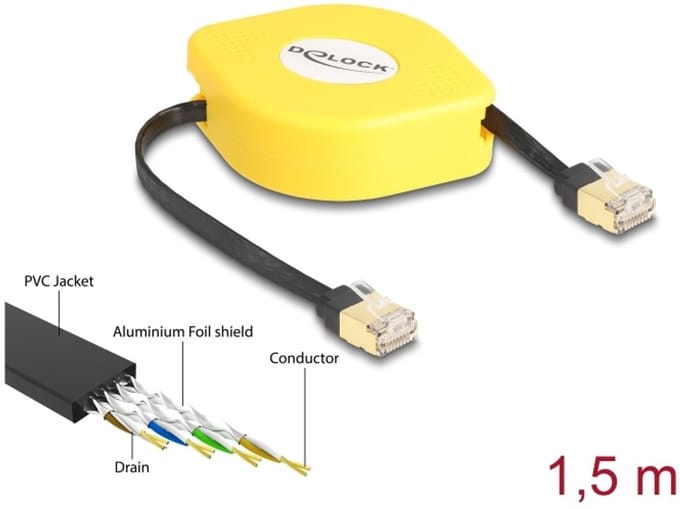Delock RJ45 Retractable Cable Cat.6A STP 1.5 m black / yellow