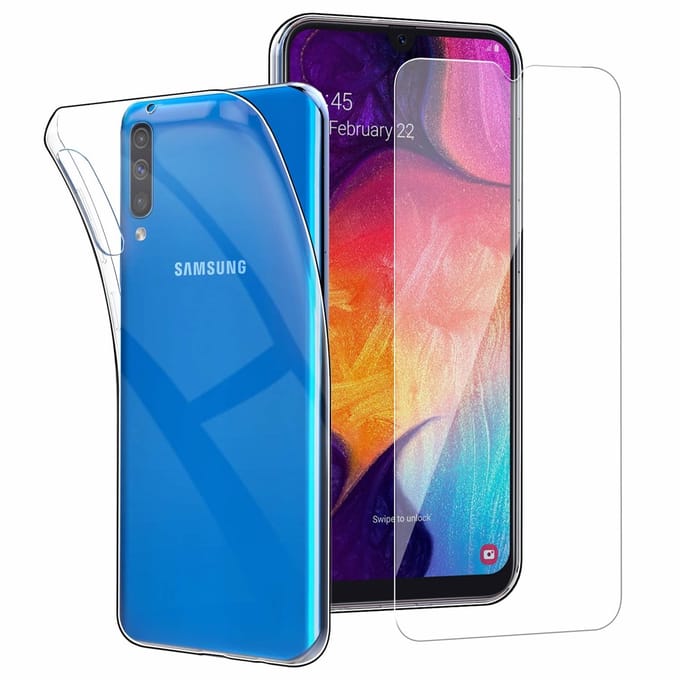 Ntech Hoesje Geschikt Voor Samsung Galaxy A50 TPU transparant hoesje + Glazen Screenprotector - Case-Friendly