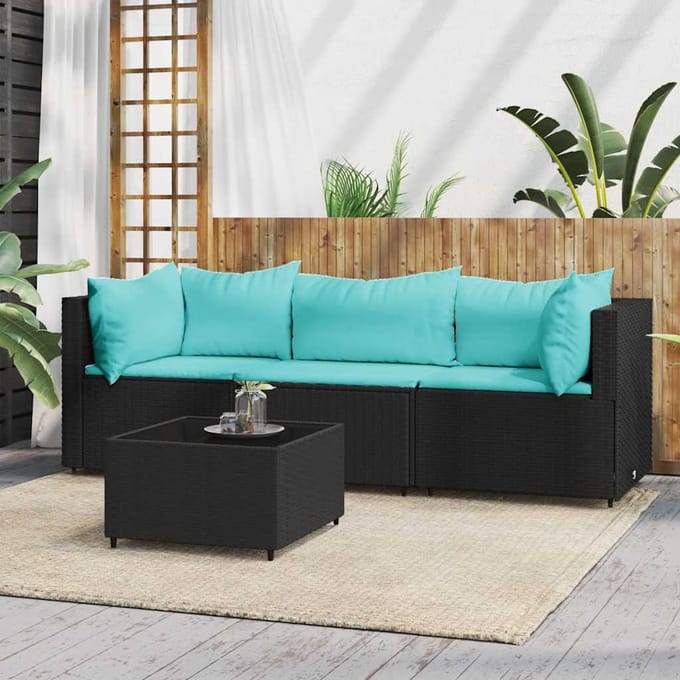 vidaXL - 4-delige - Loungeset - met - kussens - poly - rattan - zwart