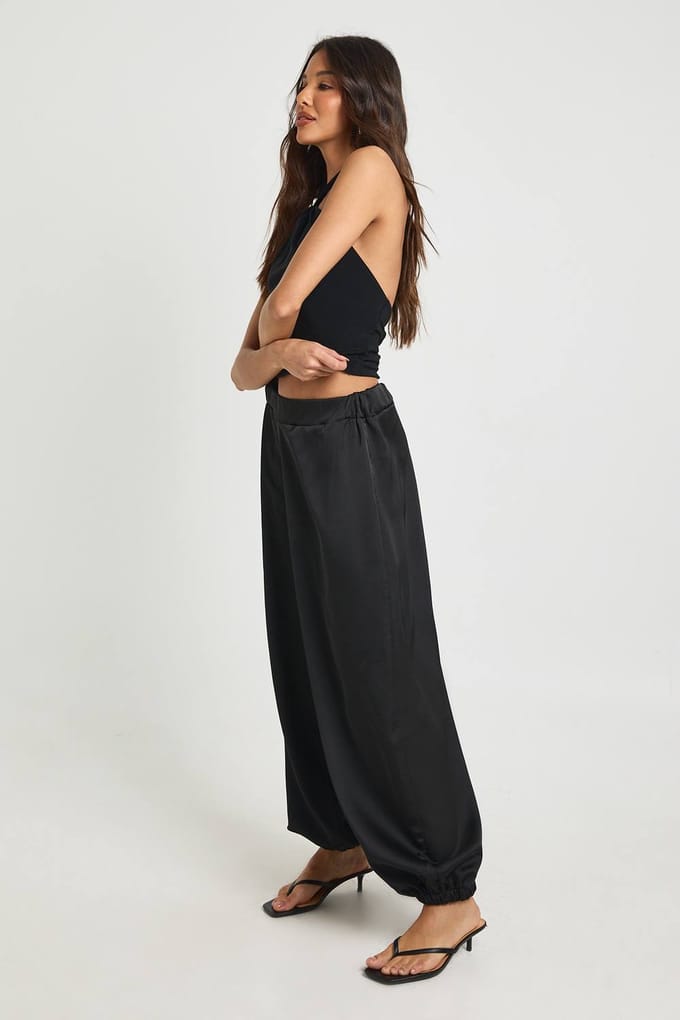 boohoo Dames Satijnen Broek met Elastische Taille en Wijde Pasvorm | Black | Maat: 10