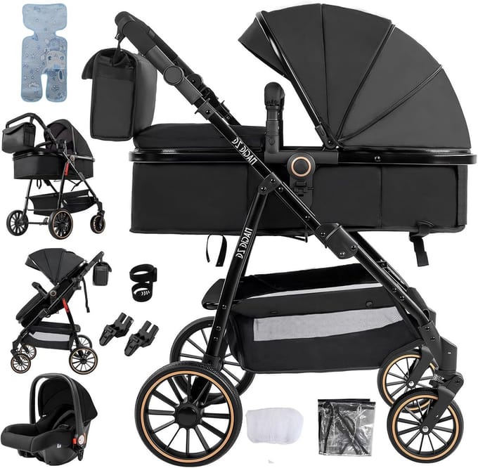3-in-1 Kinderwagen Set Compleet met Stoelverhoger en Reiswieg