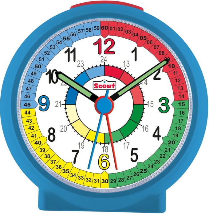 Scout Wecker analog mit blauem Gehäuse und buntem Lernziffernblatt für Kinder