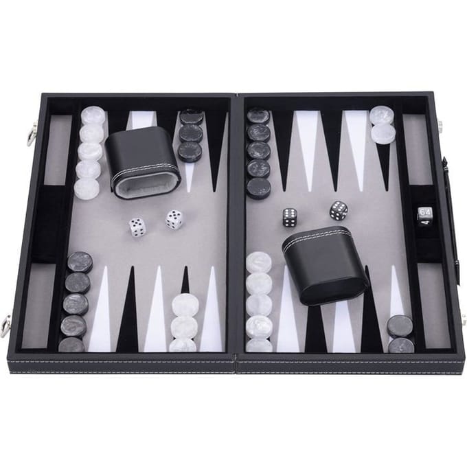 Backgammon 18 inch - Grijs, Zwart & Wit Ingelegd Bord - Luxe Zwarte Koffer met Handvat - Engelhart