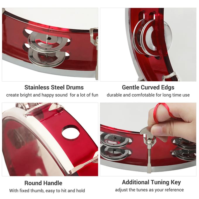 10 Inch Handheld Tamboerijn Dubbele Rij Tamboerijn Drumset Percussie Instrument Muziekinstrument rood