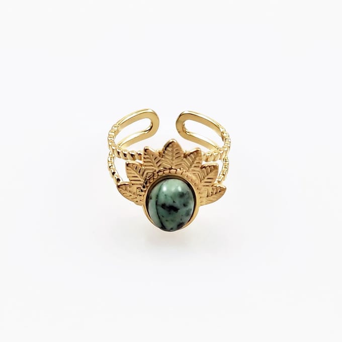 Dottilove - Dames Gevederde Steen Ring - Geelgoudkleurig Verguld - Ring met Groene Steen