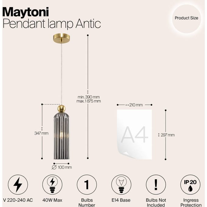 Maytoni Antic hanglamp, glazen kap in grijs