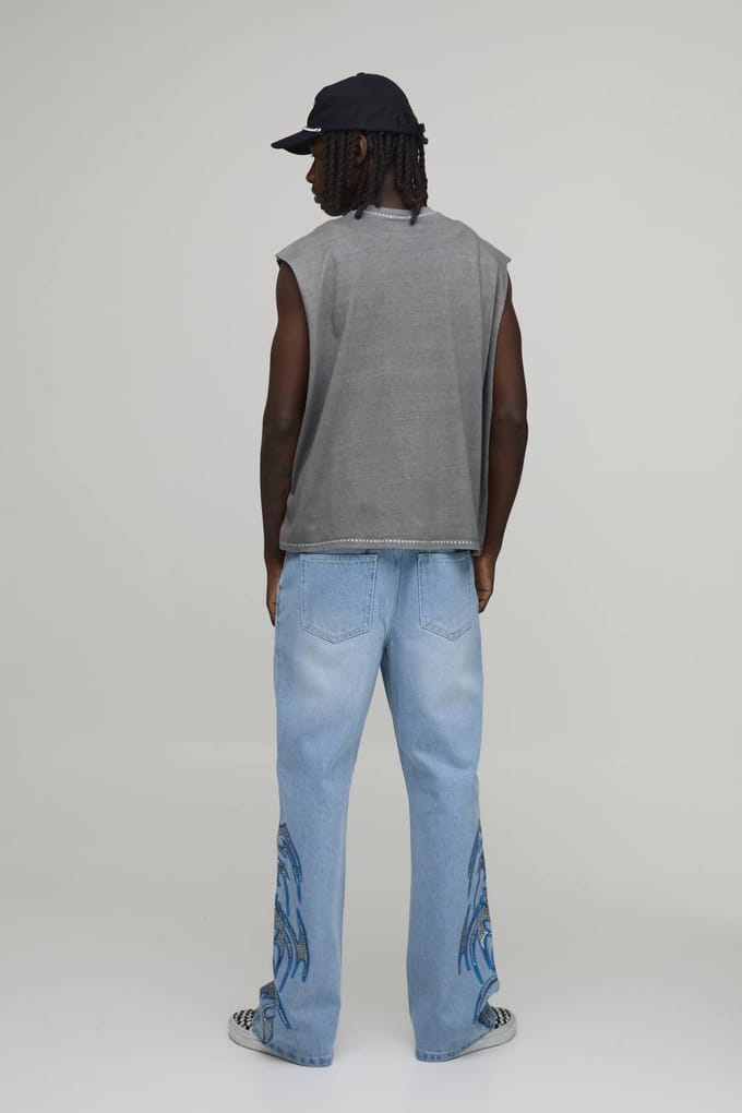 Uitlopende Jeans Met Touwriem En Versierde Print | Light Blue | Size 32
