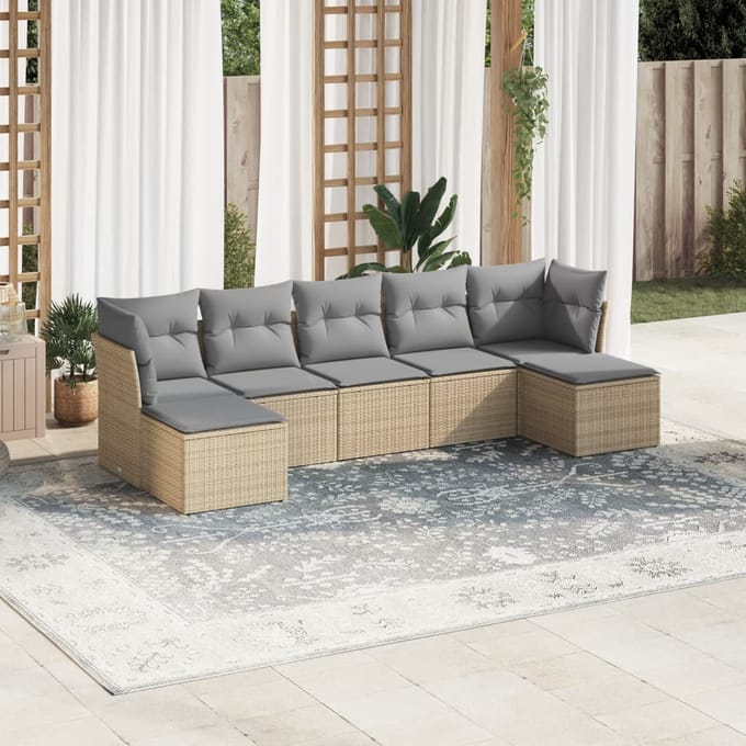 vidaXL - 7-delige - Loungeset - met - kussens - poly - rattan - beige