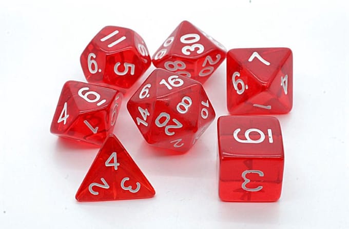 Polydice set - Polyhedral dobbelstenen set 7 delig | Set van 7 dice | dungeons and dragons dnd dice | D&D Pathfinder RPG DnD | Rood doorzichtig