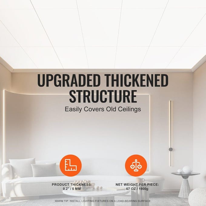 Plaques de plafond Pack de 10 24 x 24 po Mousse PVC Ignifugées Blanc Lisse