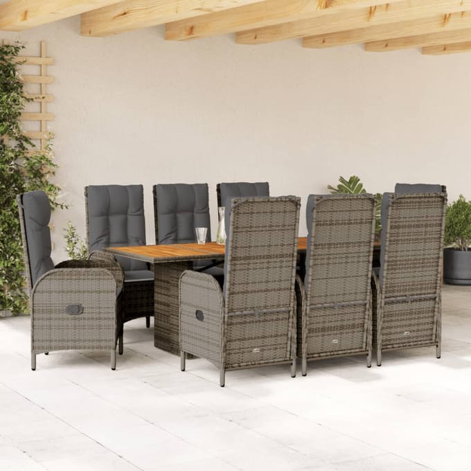 vidaXL - 9-delige - Tuinset - met - kussens - poly - rattan - grijs