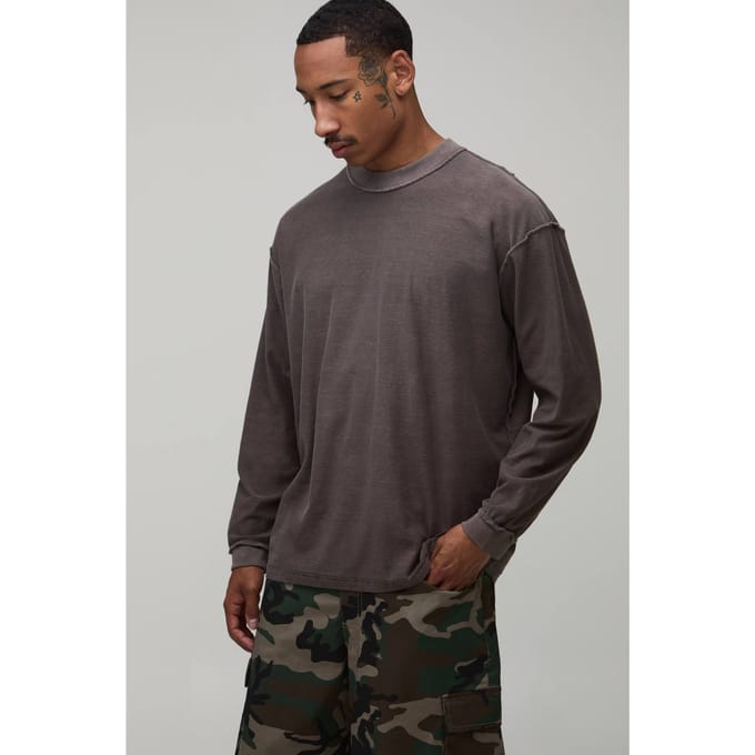Oversized Gewassen T-shirt Met Lange Mouwen En Zichtbare Naden | Brown | Size Medium