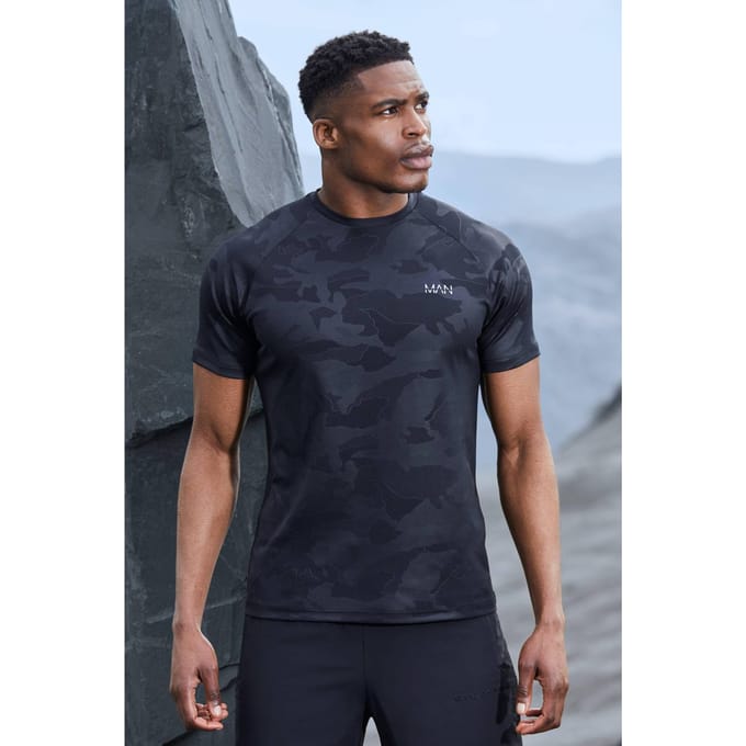 Man Active Regular Fit Camo Raglan Performance Gym T-Shirt | Black | Size Medium