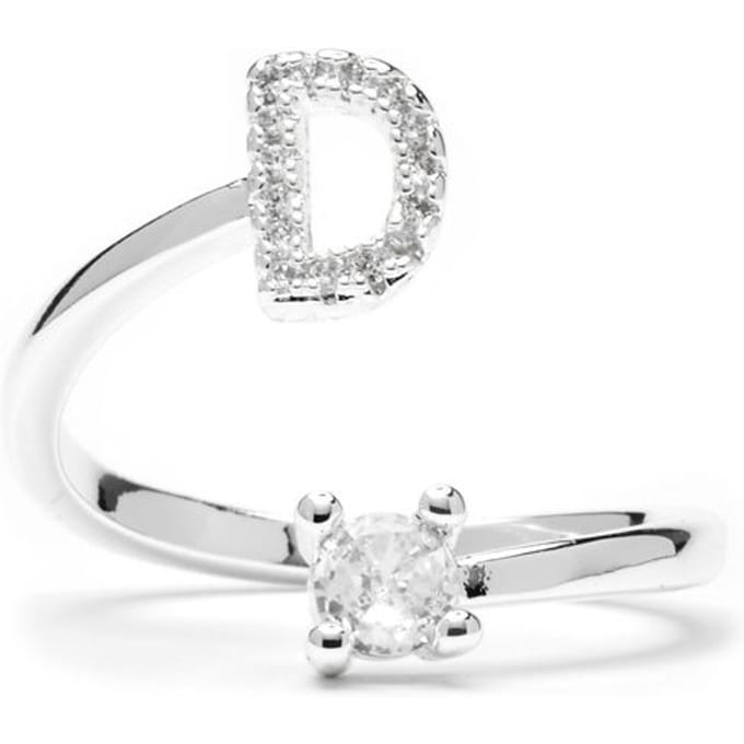 Ring - LUXENTER - Alfabet - Letter D - Verstelbare maat - Rhodium verguld wit