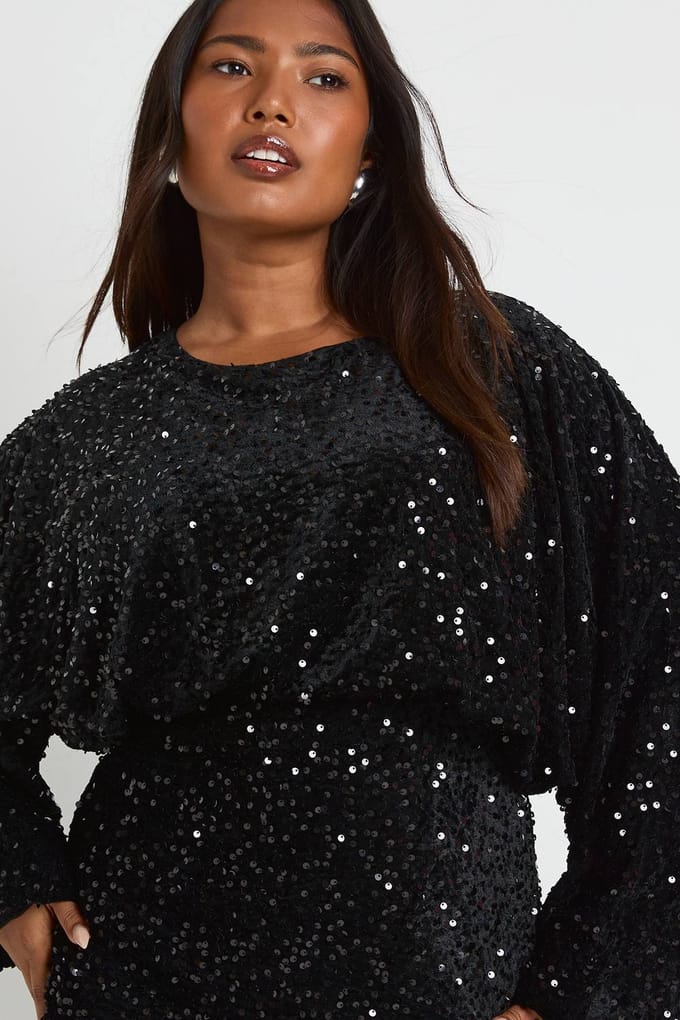 boohoo Dames Plus fluweel pailletten blouson mini jurk | Black | Maat: 16