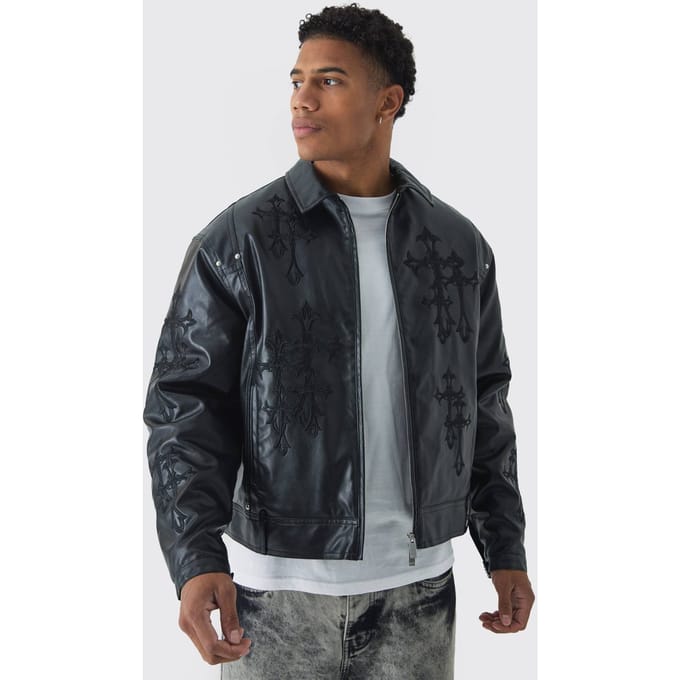 Cross Applique PU Bomberjack in Zwart | Black | Size Medium