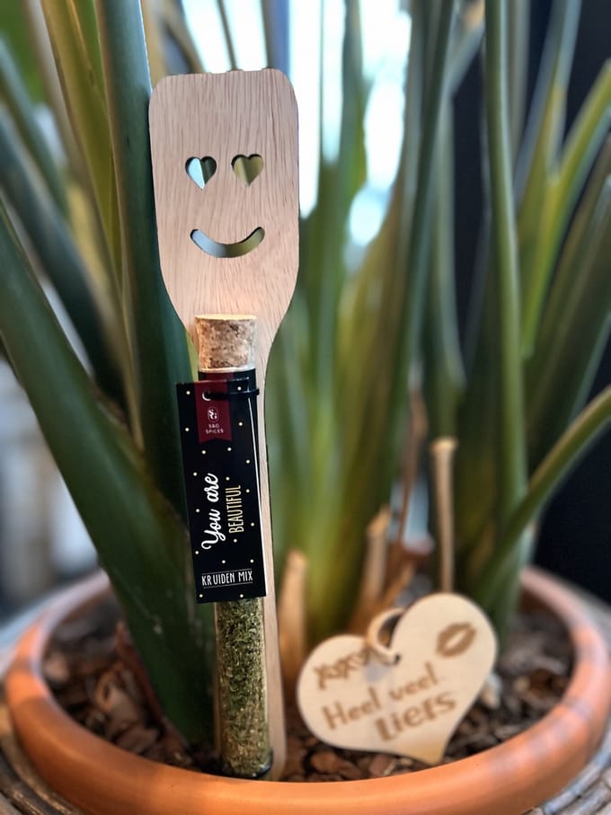 Creaties van Hier - Spatels - Kruidenbuisje - Tekst You are beautiful - Hout