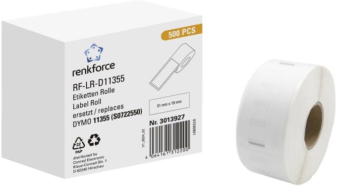 Renkforce Rol met etiketten Compatibel vervangt DYMO DYMO 11355 51 x 19 mm Papier Wit 500 stuk(s) Permanent hechtend Universele etiketten RF-6027854