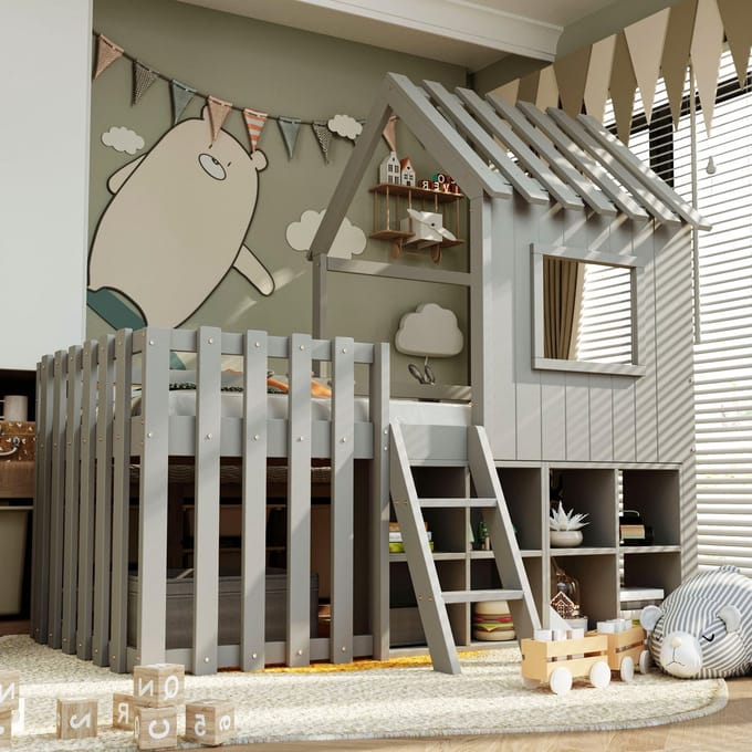 MODFU Kinderbed 90x200 cm – grijs massief hout – huisbed met dak, raam en opbergruimte