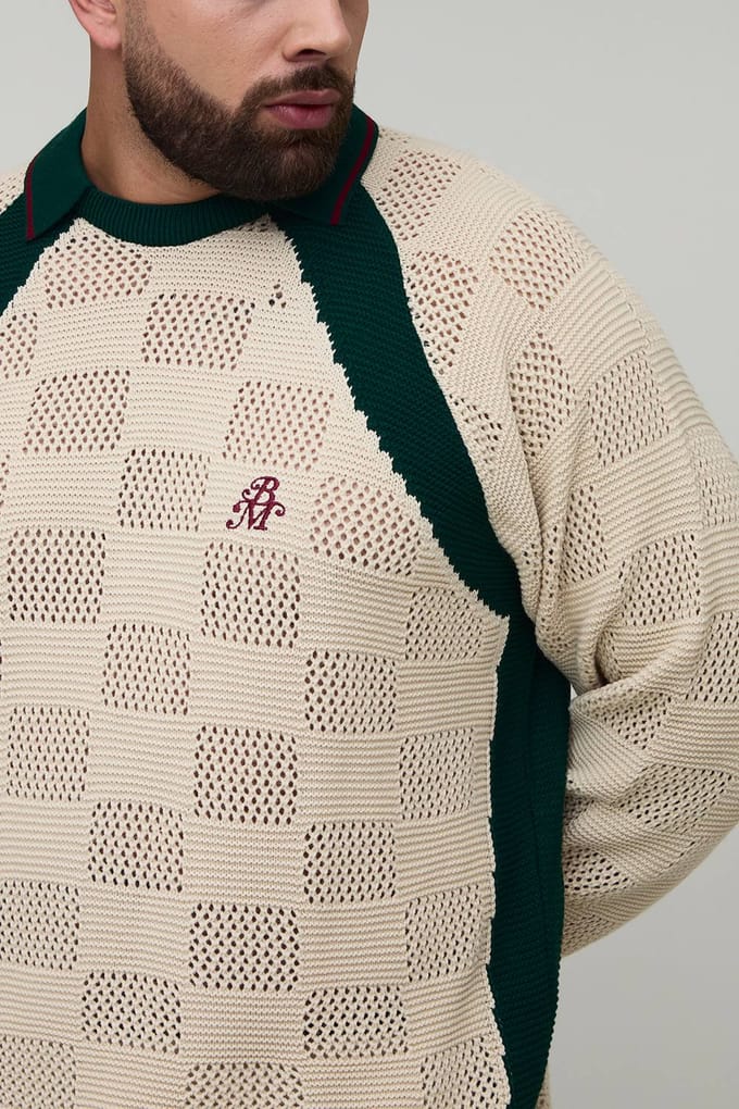 Plus Oversized Retro Football Gebreide Polo | Ecru | Size 2XL