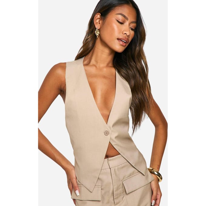 boohoo Dames Twist Back Detail One Button Waistcoat | Steen | Maat: 42
