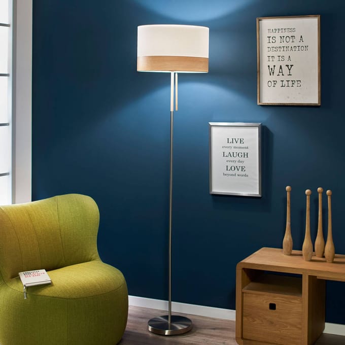 Globo Vloerlamp Libba crème-hout - met trekschakelaar