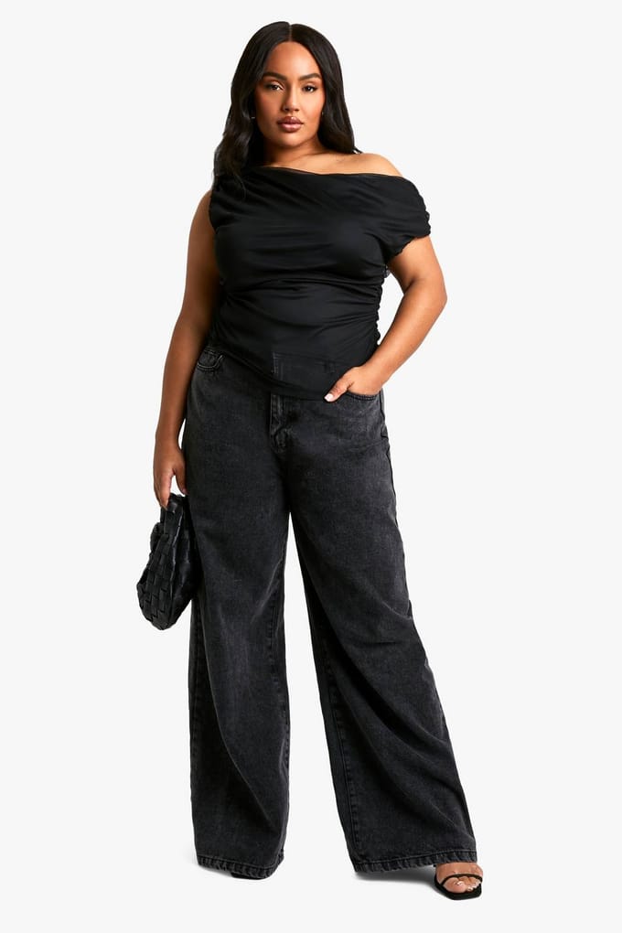 boohoo Dames Plus asymmetrische geplooide top | Zwart | Maat: 56