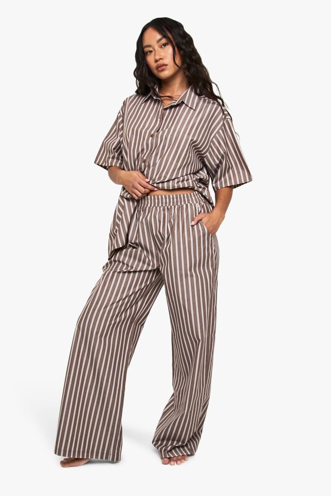 boohoo Dames Katoenen Tonale Gestreepte Pyjamabroek | Chocolate | Maat: 8
