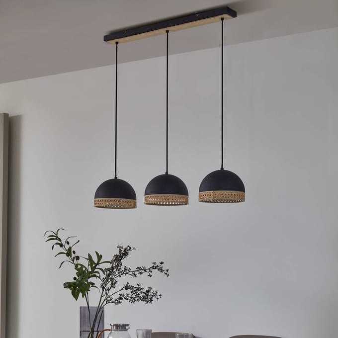 Lindby - hanglamp - 3lichts - ijzer, rotan - H: 21 cm - E14 - zwart, rotan natuur