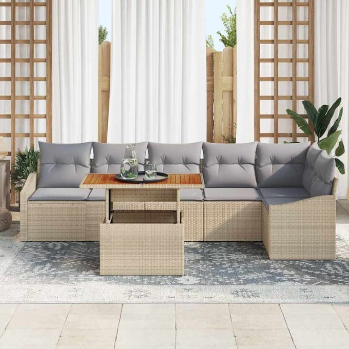 vidaXL Tuin Eettafel Set met kussen 7 pcs Beige en Grijs