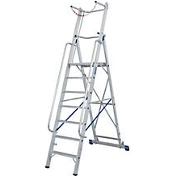 Aluminium trapladder, met groot platform, met veiligheidsbeugel en ketting, 7 treden
