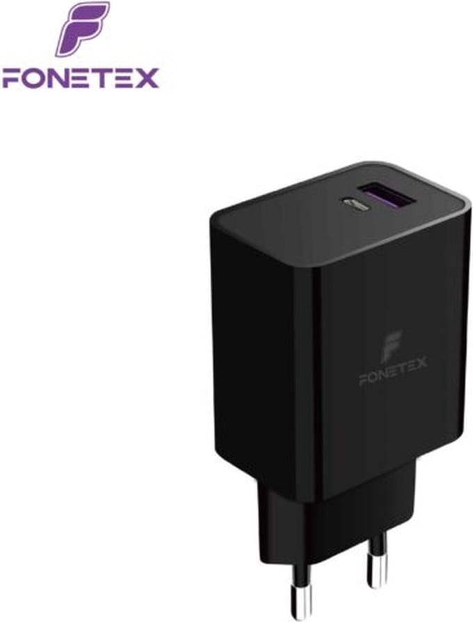 FoneTex 20W PD Adapter USB C - Snellader - 2 Poorten - Dubbele USB-C + USB-A Poort - Snellader - Power Adapter - Universeel - Zwart