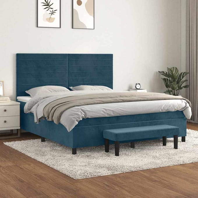 vidaXL - Boxspring - met - matras - fluweel - donkerblauw - 160x200 - cm