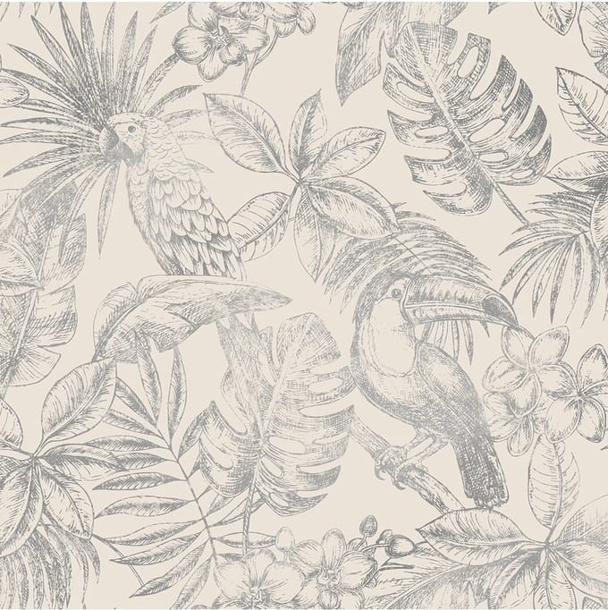DUTCH WALLCOVERINGS Behang bladeren en vogels wit en zilverkleurig