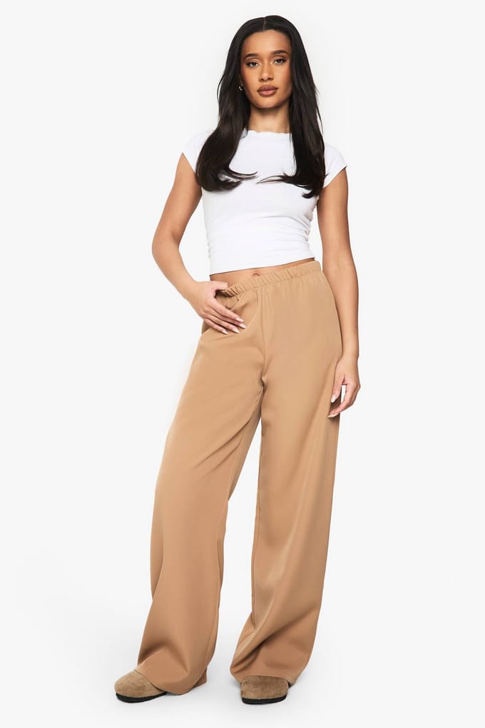 boohoo Dames Geweven elastische wijde pijpen broek | Camel | Maat: 36