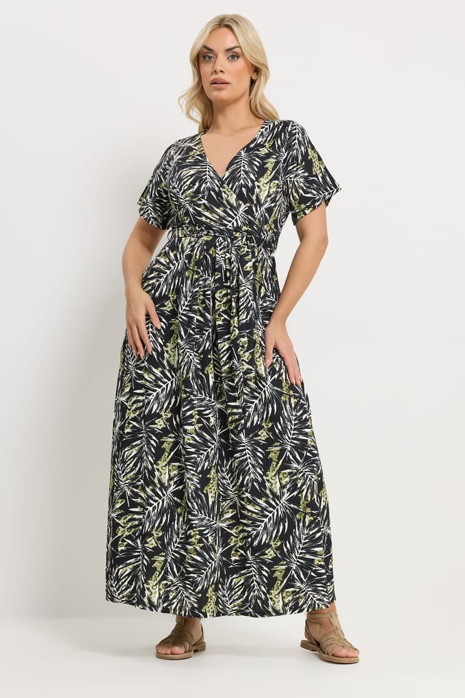Yours Zwarte Wikkeljurk Met Bladmotief Size 54-56