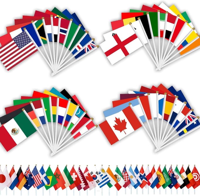 Handvlaggen Wereld - 48 Landen - Feestdecoratie - Dubbelzijdig Polyester - 14x21cm Vlag - Multicolor